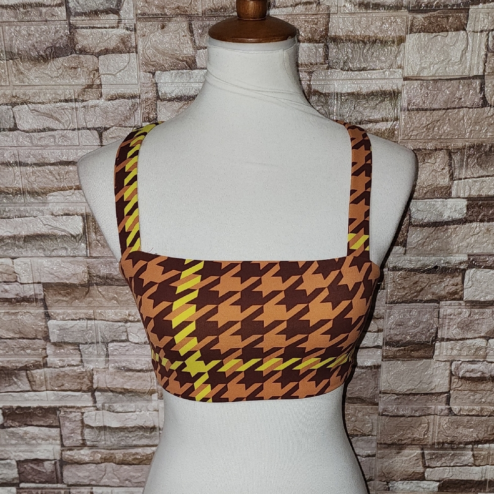 Offline By Aerie Brown and Yellow Houndstooth Women's Crop Top